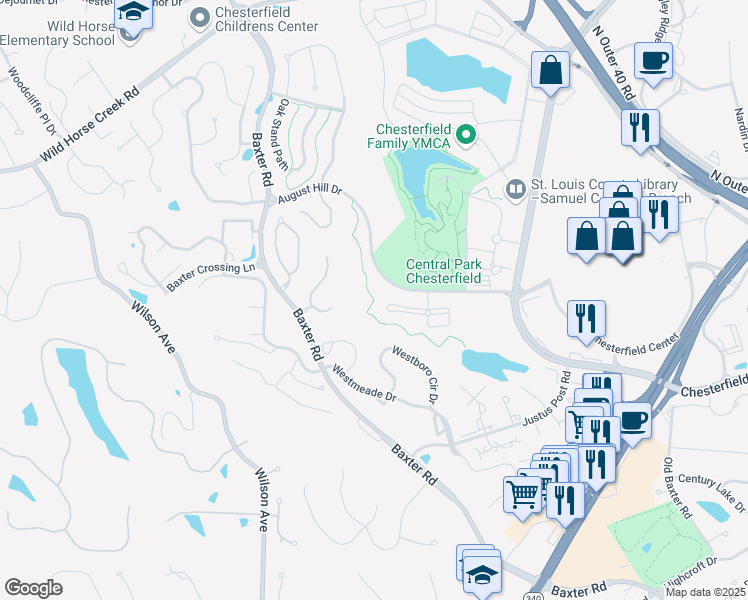 map of restaurants, bars, coffee shops, grocery stores, and more near Riparian Trail in Chesterfield