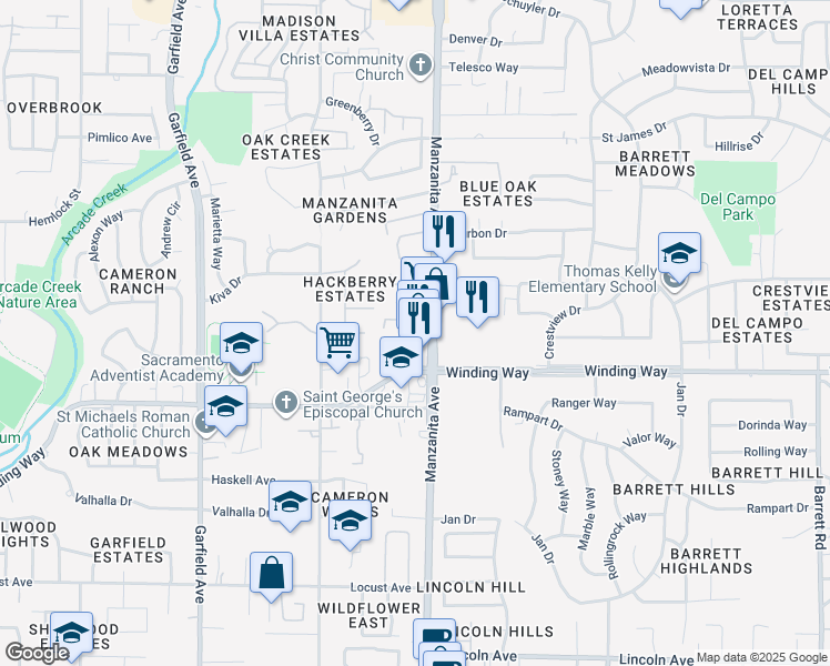 map of restaurants, bars, coffee shops, grocery stores, and more near 4729 Manzanita Avenue in Carmichael