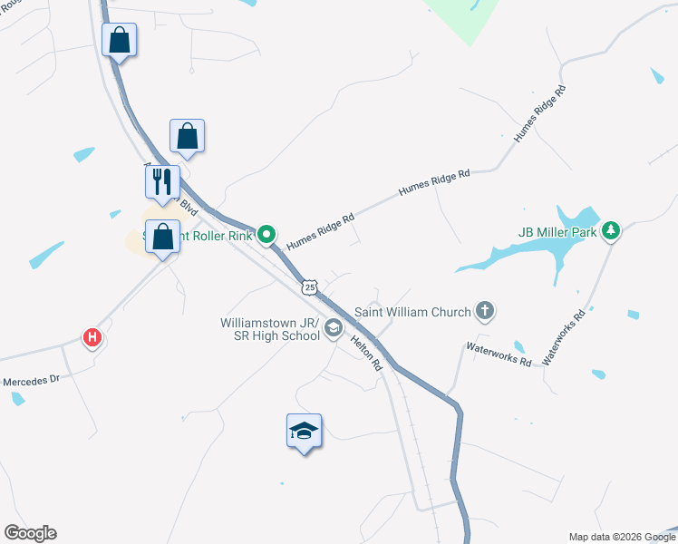 map of restaurants, bars, coffee shops, grocery stores, and more near 1300 North Main Street in Williamstown