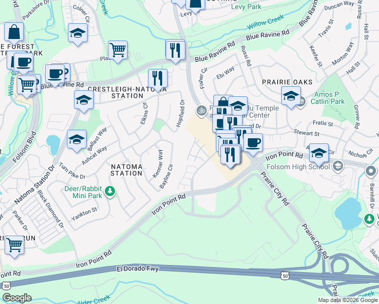 map of restaurants, bars, coffee shops, grocery stores, and more near 1401 Ferry Circle in Folsom