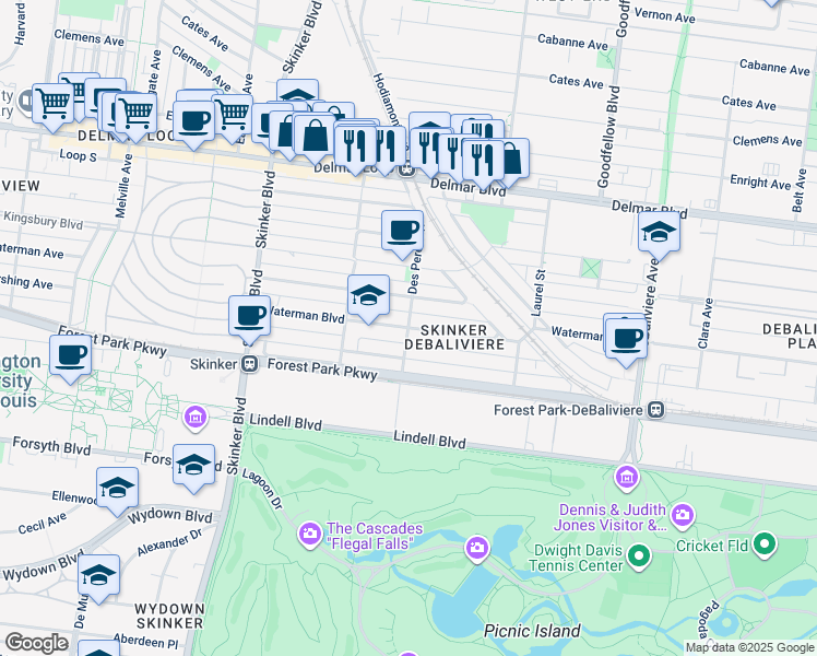 map of restaurants, bars, coffee shops, grocery stores, and more near Waterman Boulevard in St. Louis