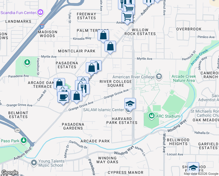 map of restaurants, bars, coffee shops, grocery stores, and more near 4701 River College Drive in Sacramento