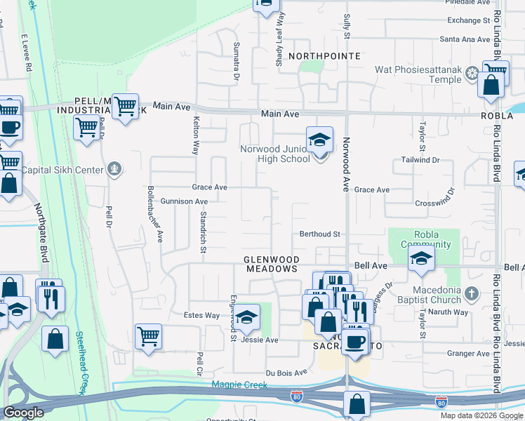 map of restaurants, bars, coffee shops, grocery stores, and more near 4551 Austin Street in Sacramento