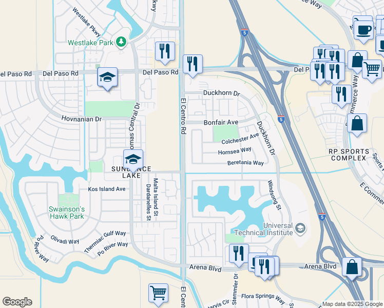 map of restaurants, bars, coffee shops, grocery stores, and more near 361 Aldeburgh Circle in Sacramento