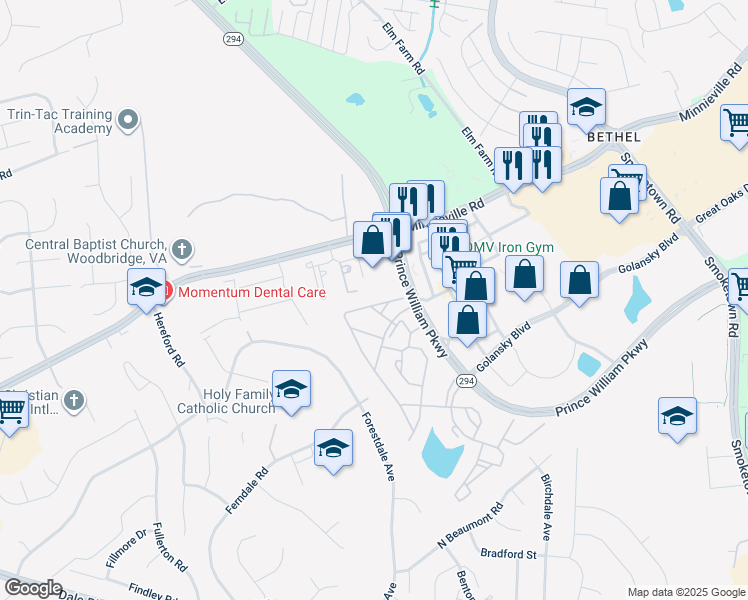 map of restaurants, bars, coffee shops, grocery stores, and more near 14050 Madrigal Drive in Woodbridge