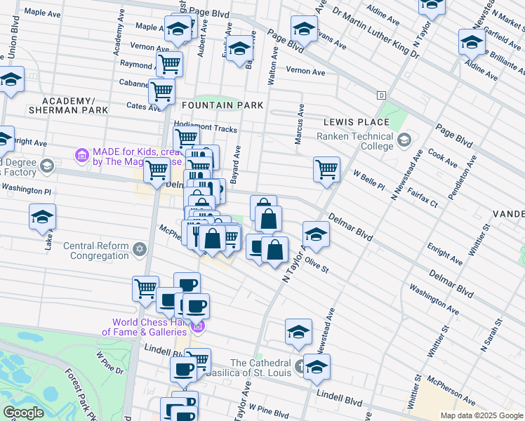 map of restaurants, bars, coffee shops, grocery stores, and more near 4626 Delmar Boulevard in St. Louis