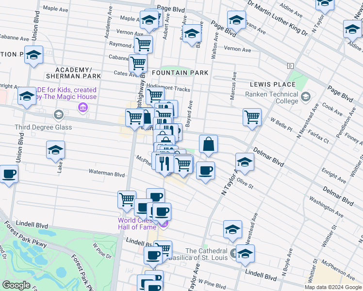 map of restaurants, bars, coffee shops, grocery stores, and more near 4747 Washington Boulevard in St. Louis