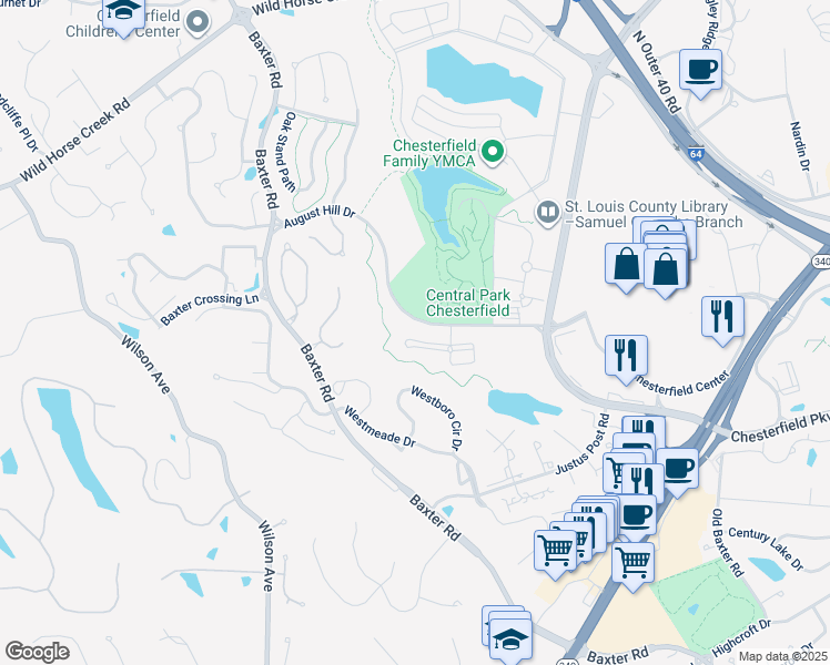 map of restaurants, bars, coffee shops, grocery stores, and more near 16330 Lydia Hill Drive in Chesterfield
