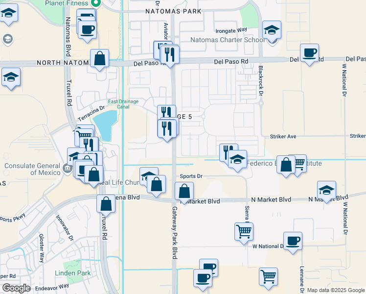 map of restaurants, bars, coffee shops, grocery stores, and more near 4347 Sage Meadow Lane in Sacramento