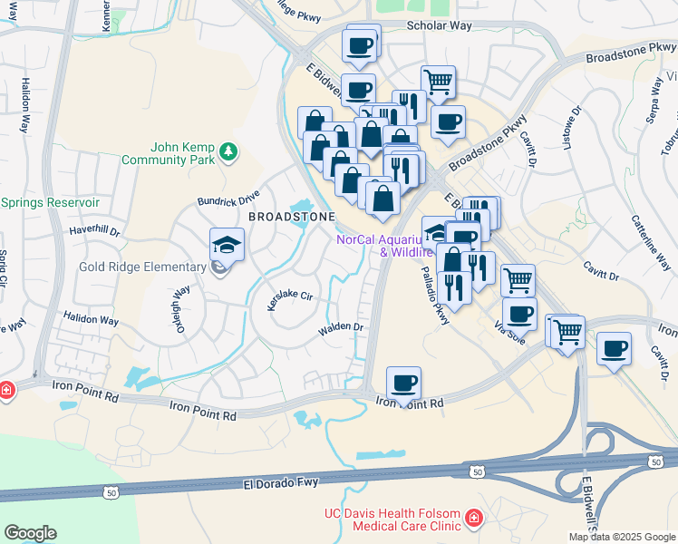 map of restaurants, bars, coffee shops, grocery stores, and more near 1459 Farrell Court in Folsom