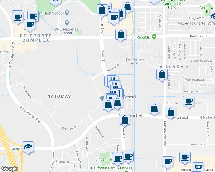 map of restaurants, bars, coffee shops, grocery stores, and more near 4321 Truxel Road in Sacramento
