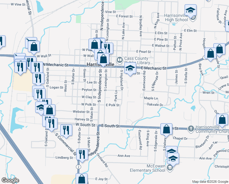 map of restaurants, bars, coffee shops, grocery stores, and more near 800 Park Lane in Harrisonville