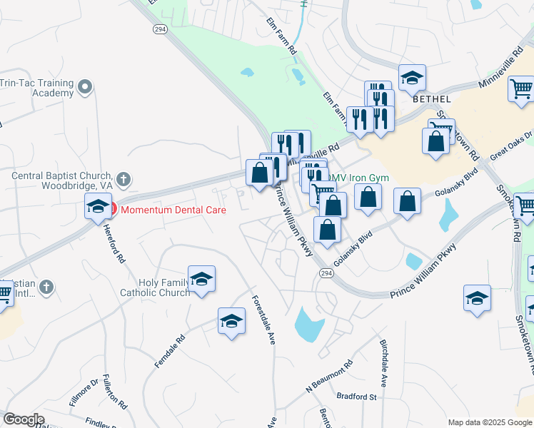 map of restaurants, bars, coffee shops, grocery stores, and more near 14040 Madrigal Drive in Woodbridge