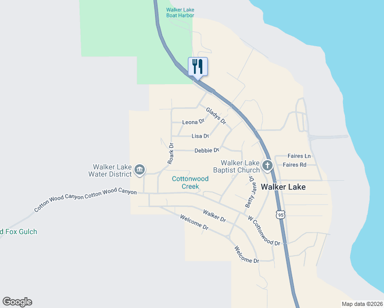 map of restaurants, bars, coffee shops, grocery stores, and more near 434 Debbie Drive in Walker Lake