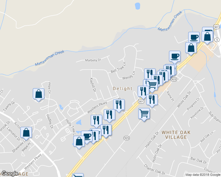 map of restaurants, bars, coffee shops, grocery stores, and more near 12073 Pierce Road in Waldorf