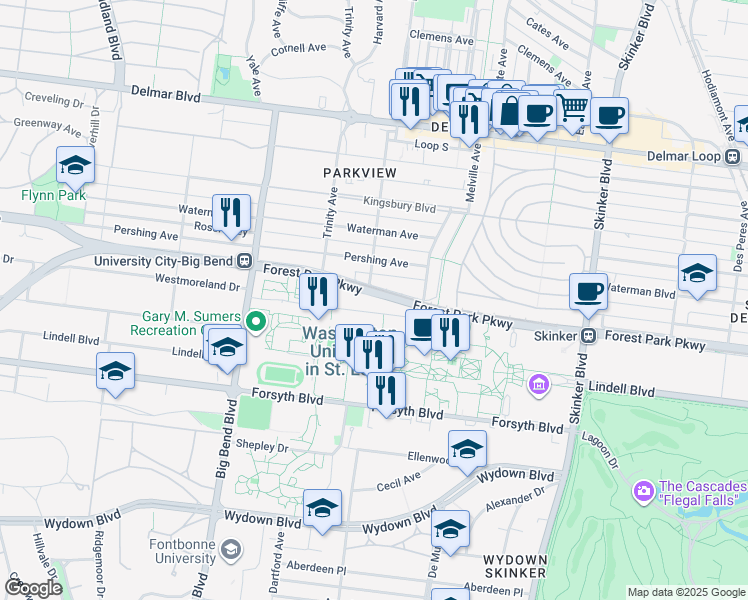 map of restaurants, bars, coffee shops, grocery stores, and more near 6902 Forest Park Parkway in St. Louis