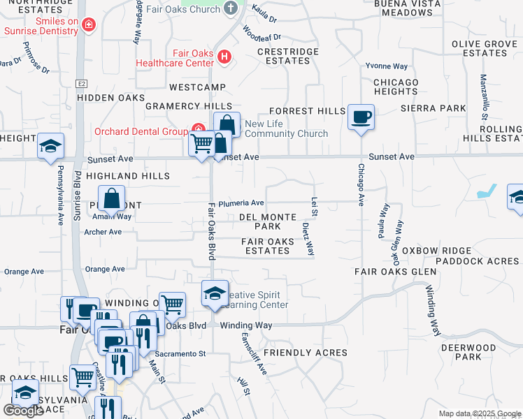map of restaurants, bars, coffee shops, grocery stores, and more near in Fair Oaks