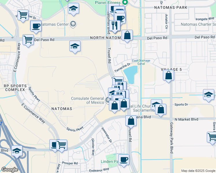 map of restaurants, bars, coffee shops, grocery stores, and more near 4321 Truxel Road in Sacramento