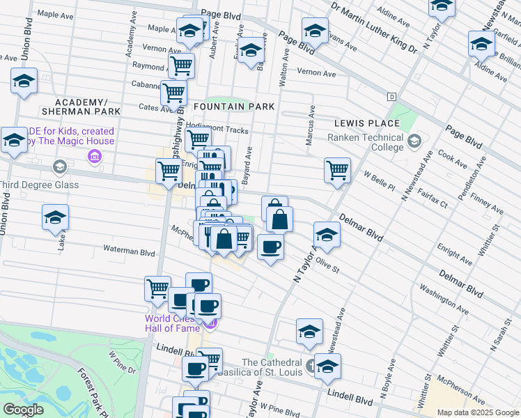 map of restaurants, bars, coffee shops, grocery stores, and more near 4705 Washington Boulevard in St. Louis