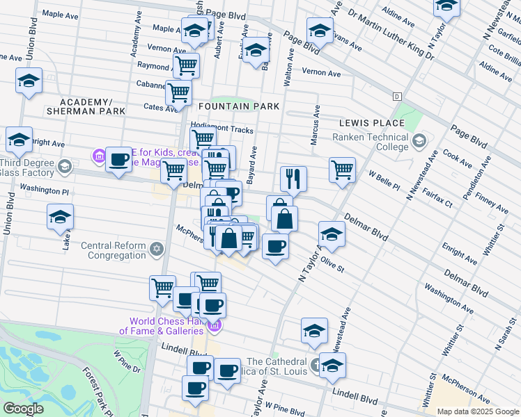 map of restaurants, bars, coffee shops, grocery stores, and more near 4705 Washington Boulevard in St. Louis