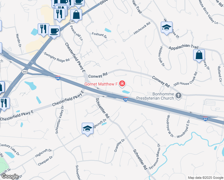 map of restaurants, bars, coffee shops, grocery stores, and more near 14855 North Outer 40 Road in Chesterfield
