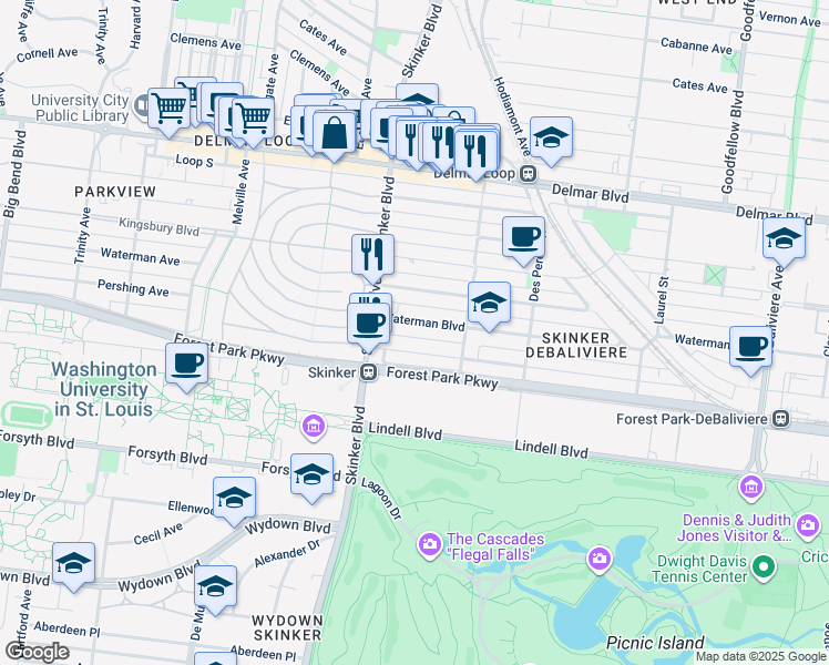 map of restaurants, bars, coffee shops, grocery stores, and more near 6152 Waterman Boulevard in St. Louis