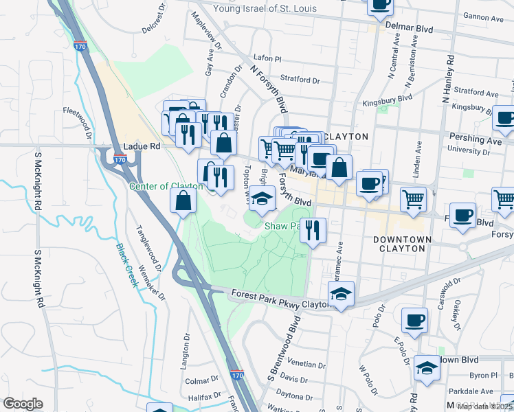 map of restaurants, bars, coffee shops, grocery stores, and more near 23 Topton Way in Clayton