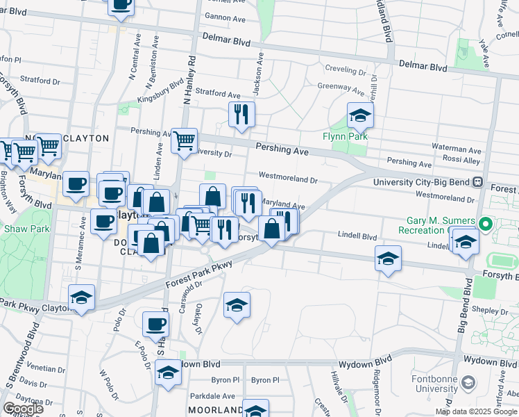 map of restaurants, bars, coffee shops, grocery stores, and more near 7364 Maryland Avenue in University City