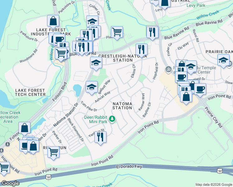 map of restaurants, bars, coffee shops, grocery stores, and more near 101 Conductor Way in Folsom