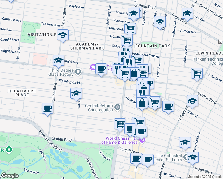 map of restaurants, bars, coffee shops, grocery stores, and more near 5046 Washington Place in St. Louis