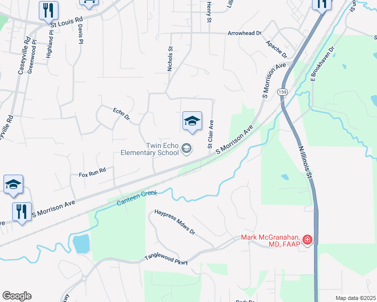 map of restaurants, bars, coffee shops, grocery stores, and more near 1937 South Morrison Avenue in Collinsville