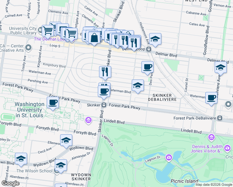 map of restaurants, bars, coffee shops, grocery stores, and more near 6152 Waterman Boulevard in St. Louis