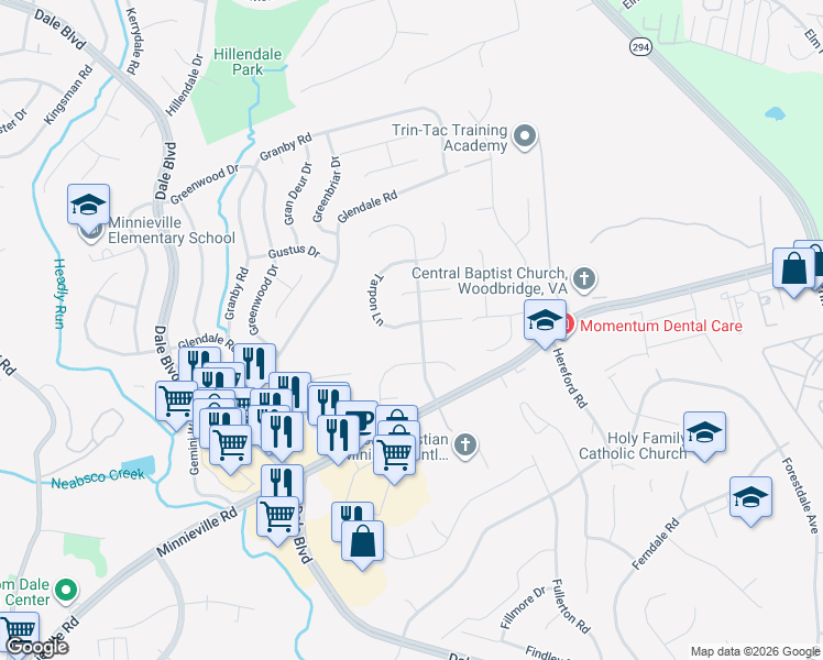 map of restaurants, bars, coffee shops, grocery stores, and more near 4053 Tarpon Lane in Woodbridge