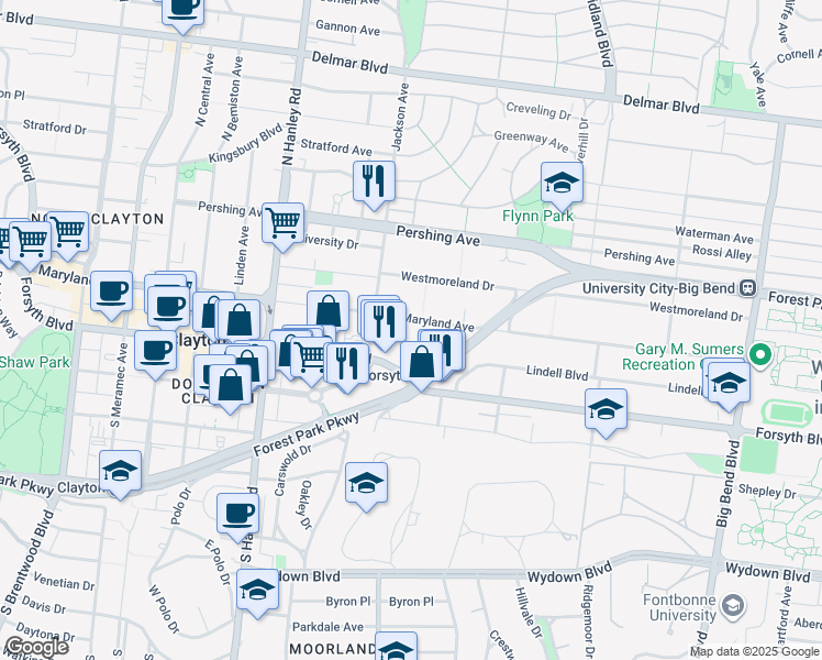 map of restaurants, bars, coffee shops, grocery stores, and more near 7364 Maryland Avenue in University City