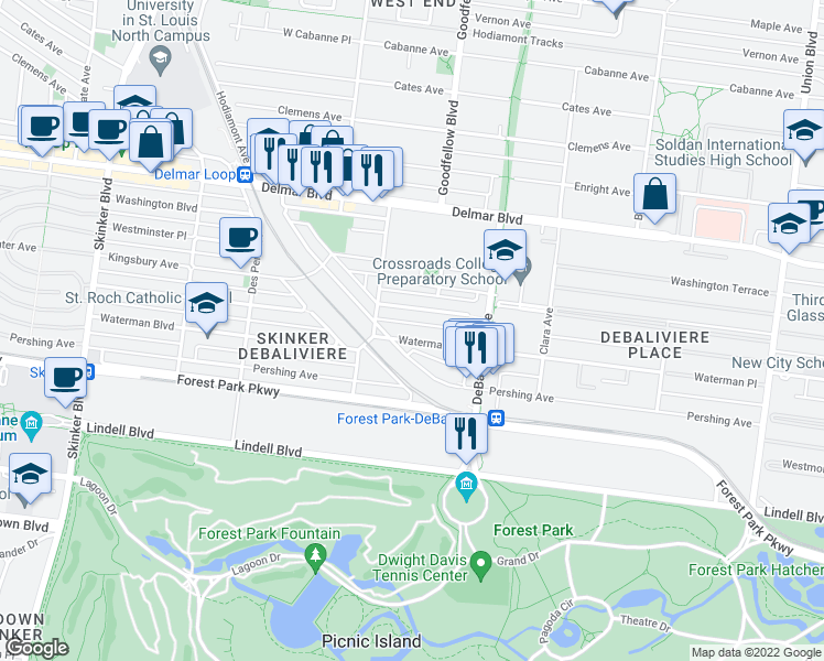 map of restaurants, bars, coffee shops, grocery stores, and more near 5779 Waterman Boulevard in St. Louis