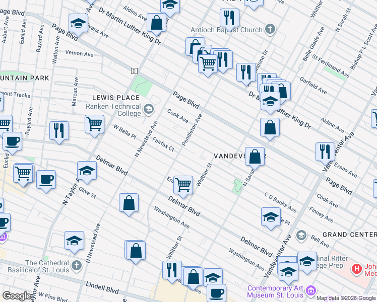 map of restaurants, bars, coffee shops, grocery stores, and more near 4242 Finney Avenue in St. Louis