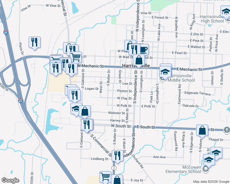 map of restaurants, bars, coffee shops, grocery stores, and more near 401 Peyton Street in Harrisonville