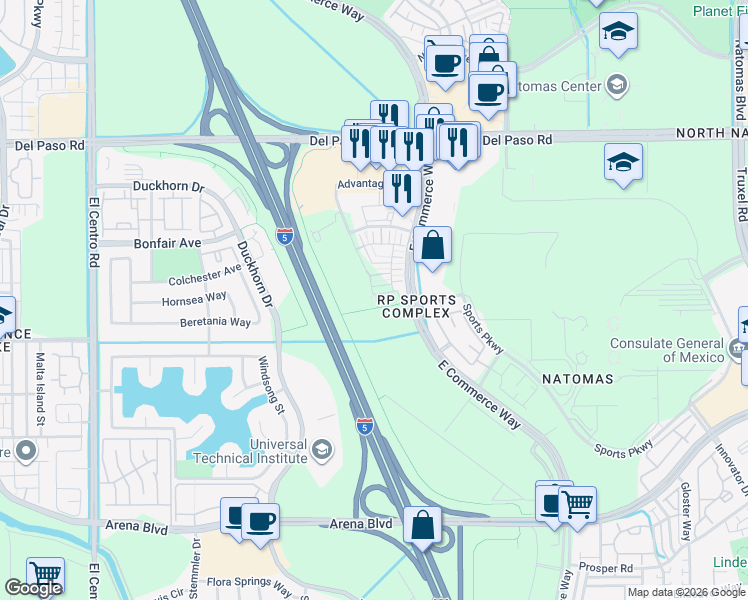 map of restaurants, bars, coffee shops, grocery stores, and more near 4371 Garonne Walk in Sacramento