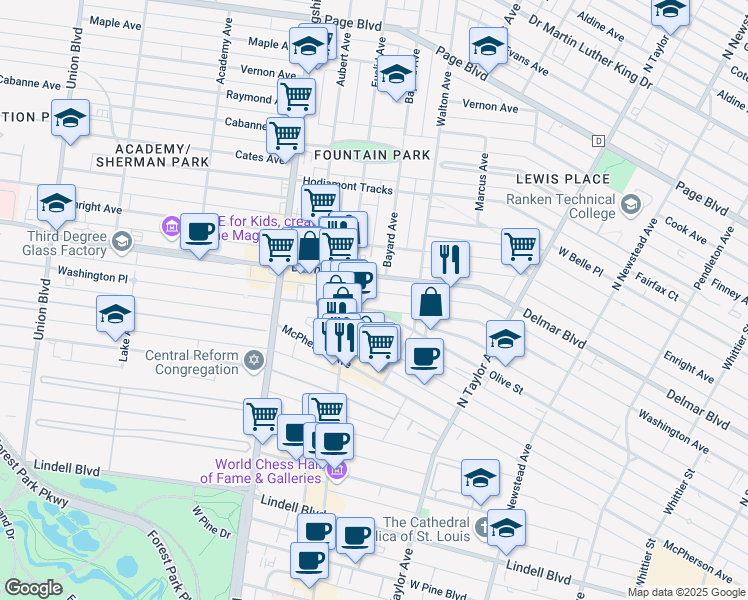 map of restaurants, bars, coffee shops, grocery stores, and more near 4747 Washington Blvd in St Louis