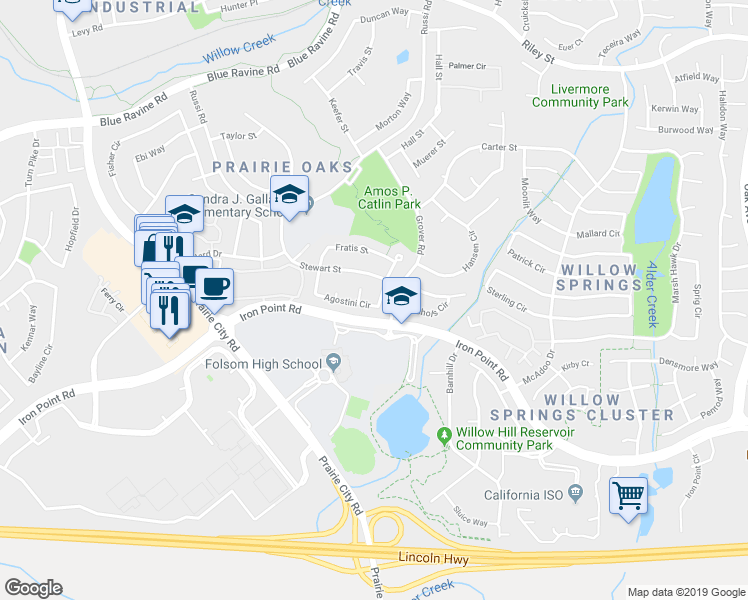 map of restaurants, bars, coffee shops, grocery stores, and more near 691 Agostini Circle in Folsom