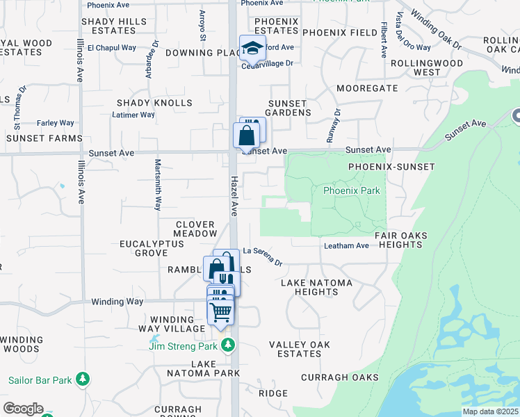 map of restaurants, bars, coffee shops, grocery stores, and more near Kruitof Way in Fair Oaks