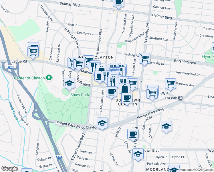 map of restaurants, bars, coffee shops, grocery stores, and more near 7923 Forsyth Boulevard in Clayton