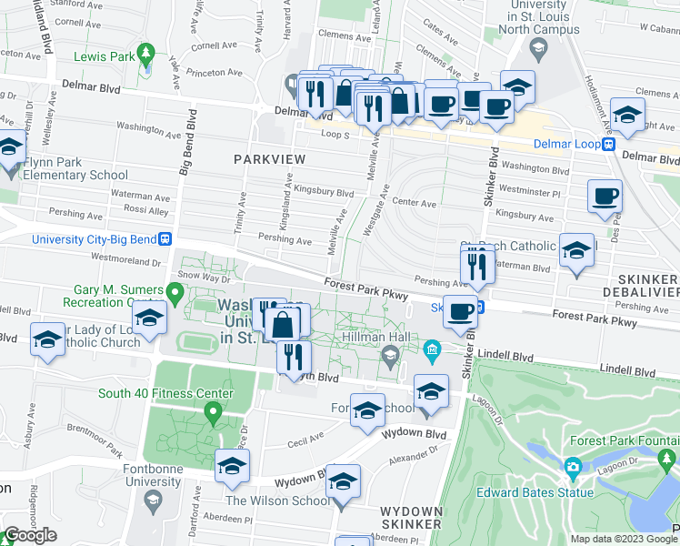 map of restaurants, bars, coffee shops, grocery stores, and more near 6417 University Drive in University City