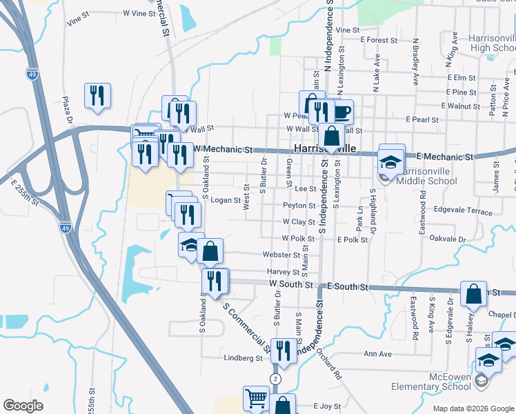 map of restaurants, bars, coffee shops, grocery stores, and more near 800 South Butler Drive in Harrisonville