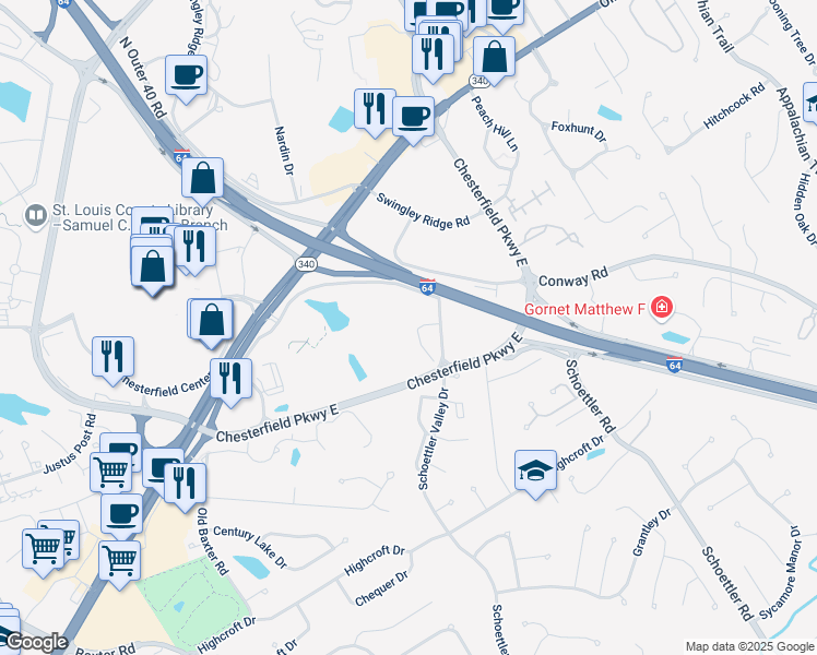 map of restaurants, bars, coffee shops, grocery stores, and more near 1639 Wishwood Court in Chesterfield