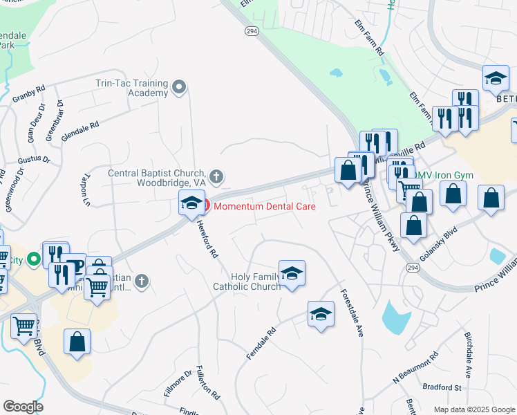 map of restaurants, bars, coffee shops, grocery stores, and more near 3725 Havertill Lane in Dale City
