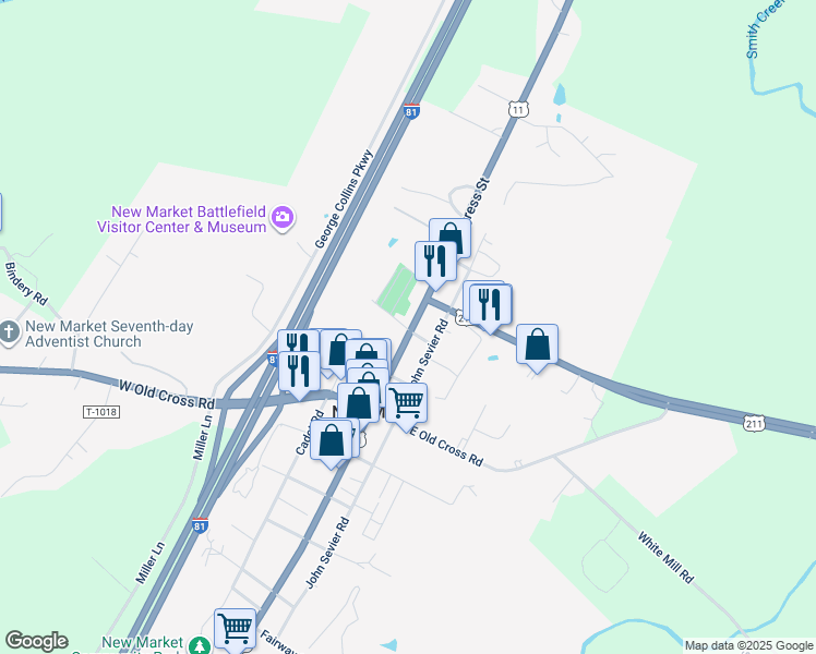 map of restaurants, bars, coffee shops, grocery stores, and more near 740 Breckinridge Road in New Market