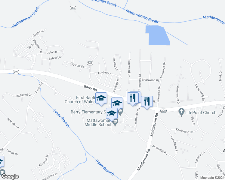 map of restaurants, bars, coffee shops, grocery stores, and more near 10299 Wimbledon Place in Waldorf