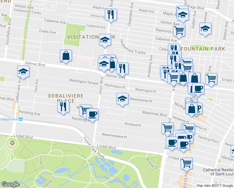 map of restaurants, bars, coffee shops, grocery stores, and more near 5239 Westminster Place in St. Louis