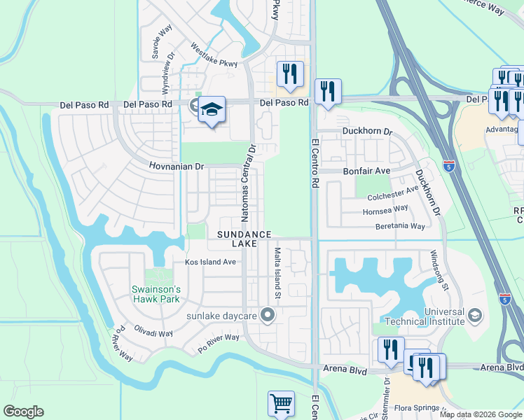 map of restaurants, bars, coffee shops, grocery stores, and more near 3670 Gozo Island Avenue in Sacramento
